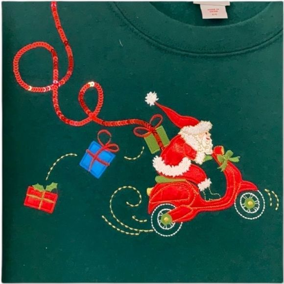 HOLIDAY EDITIONS Vintage Green‎ Santa Scooter Embroidered Ugly Christmas Sweater - Picture 2 of 6